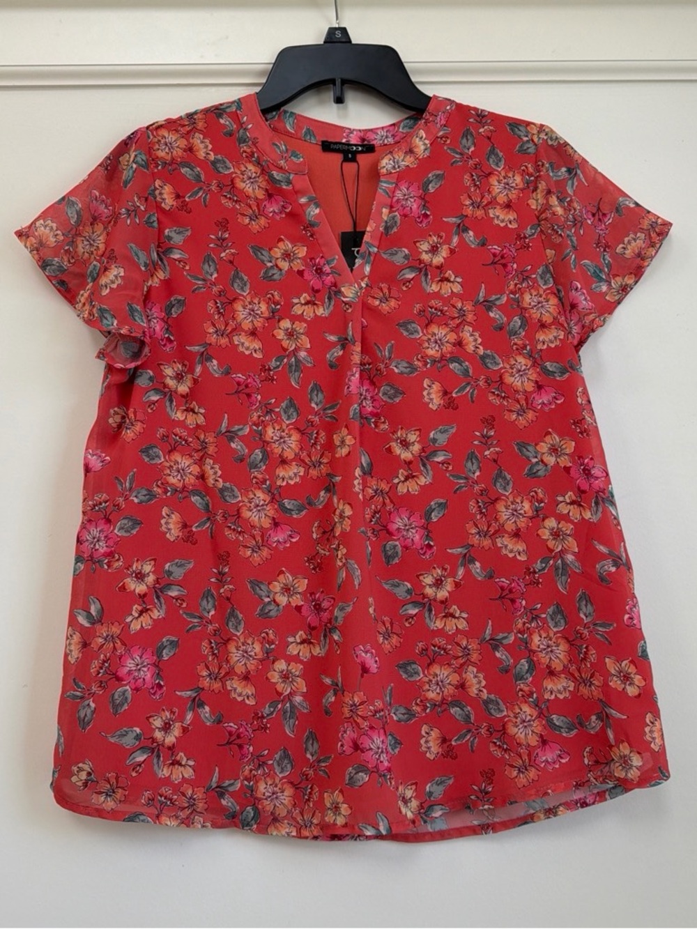 Papermoon Coral Floral Chiffon Split V-Neck Flutter Sleeve Lined Blouse S NWT